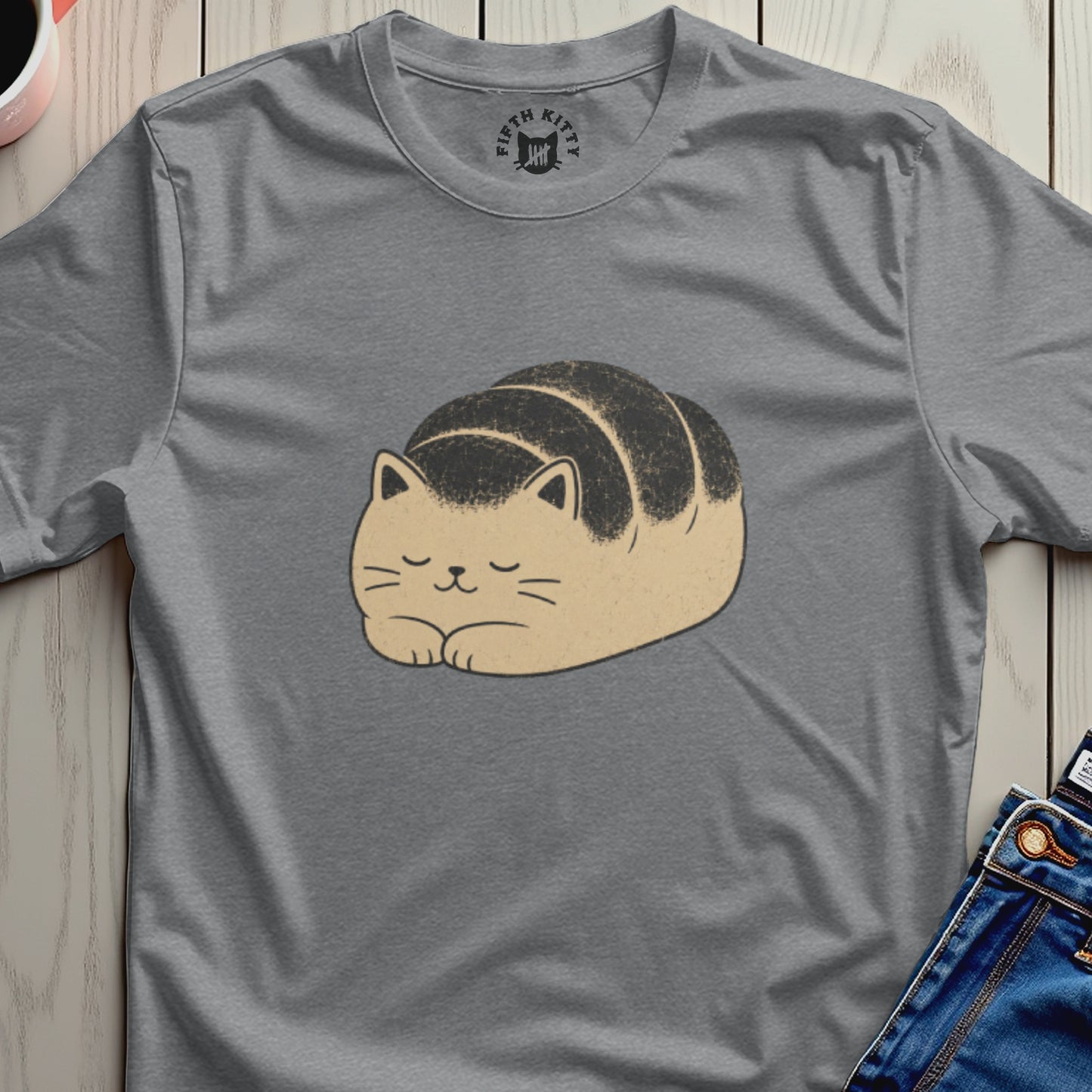 Gray t-shirt with a cartoon cat loaf design and "Fifth Kitty" logo on the collar.