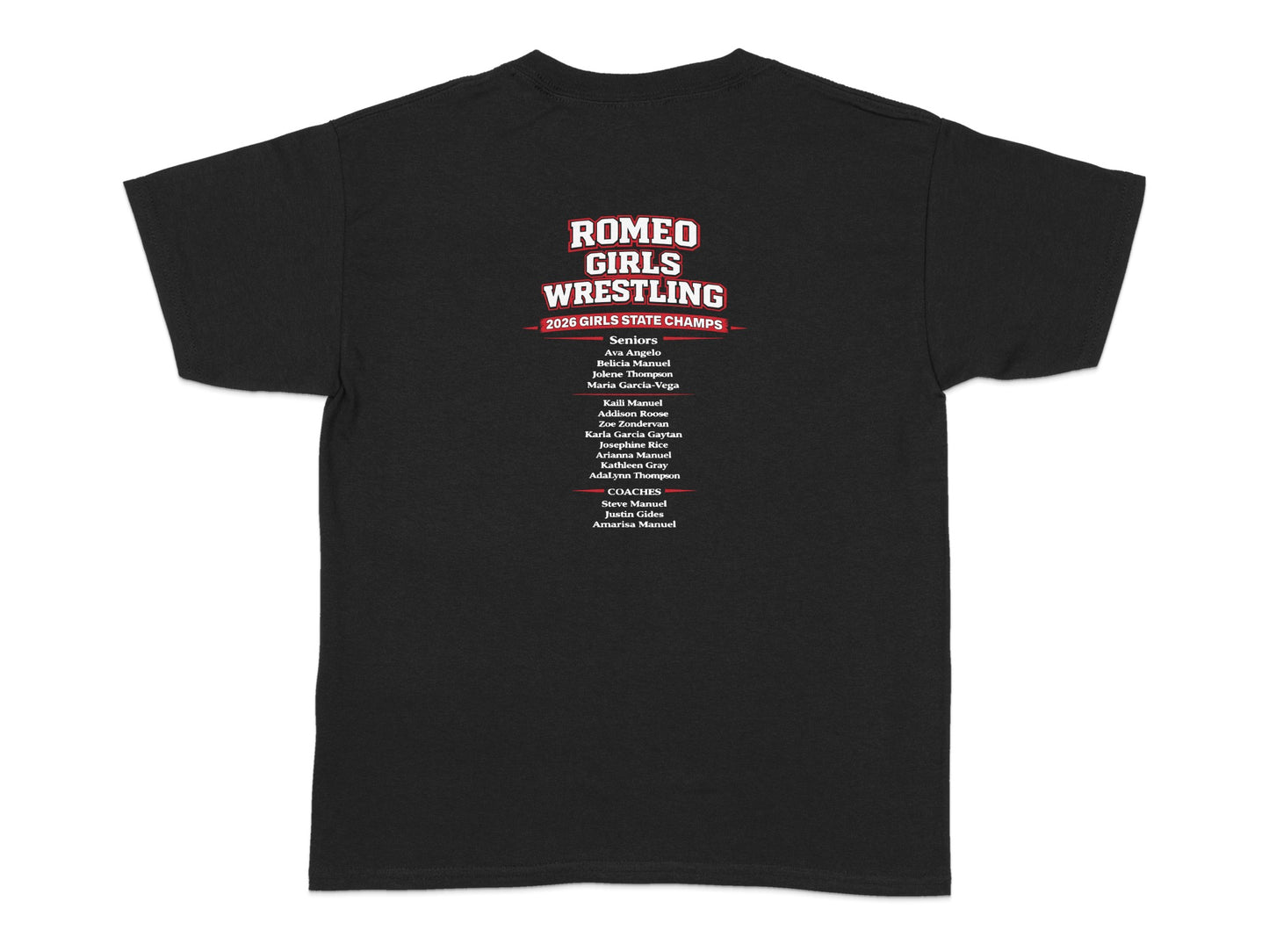 Romeo Girls Wrestling 2026 State Champs roster and coaches on a black t-shirt.