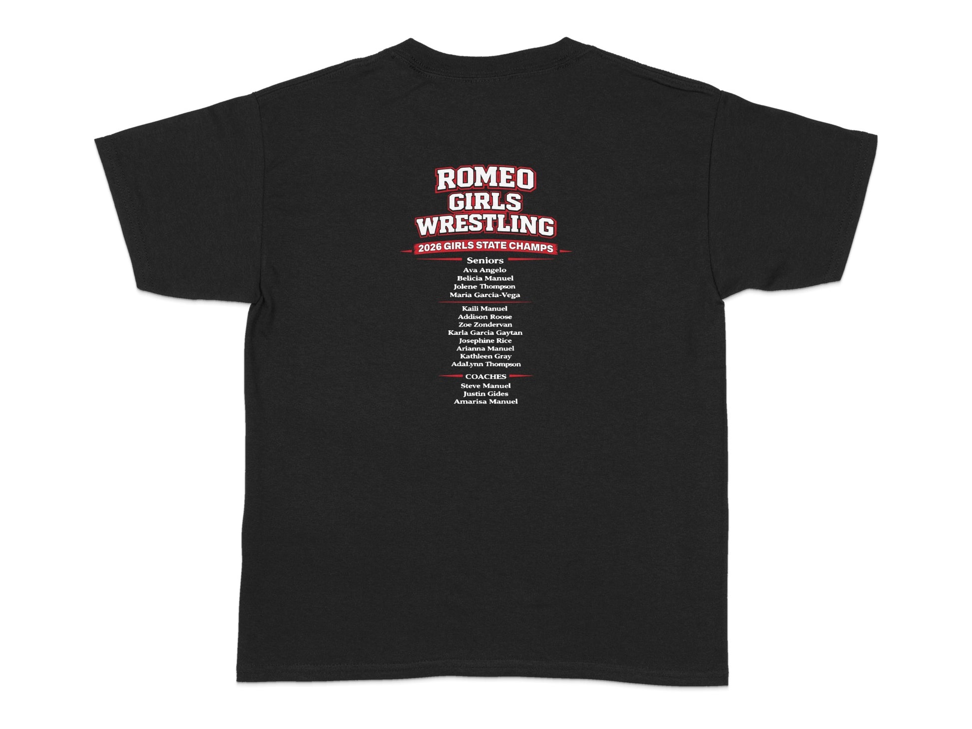 Romeo Girls Wrestling 2026 State Champs roster and coaches on a black t-shirt.