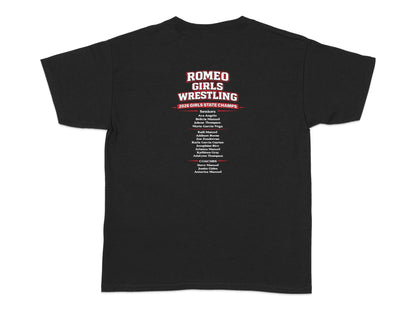 Romeo Girls Wrestling 2026 State Champs roster and coaches on a black t-shirt.