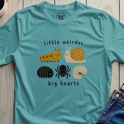 Teal t-shirt with cute illustrations of insects and the words "little weirdos big hearts".