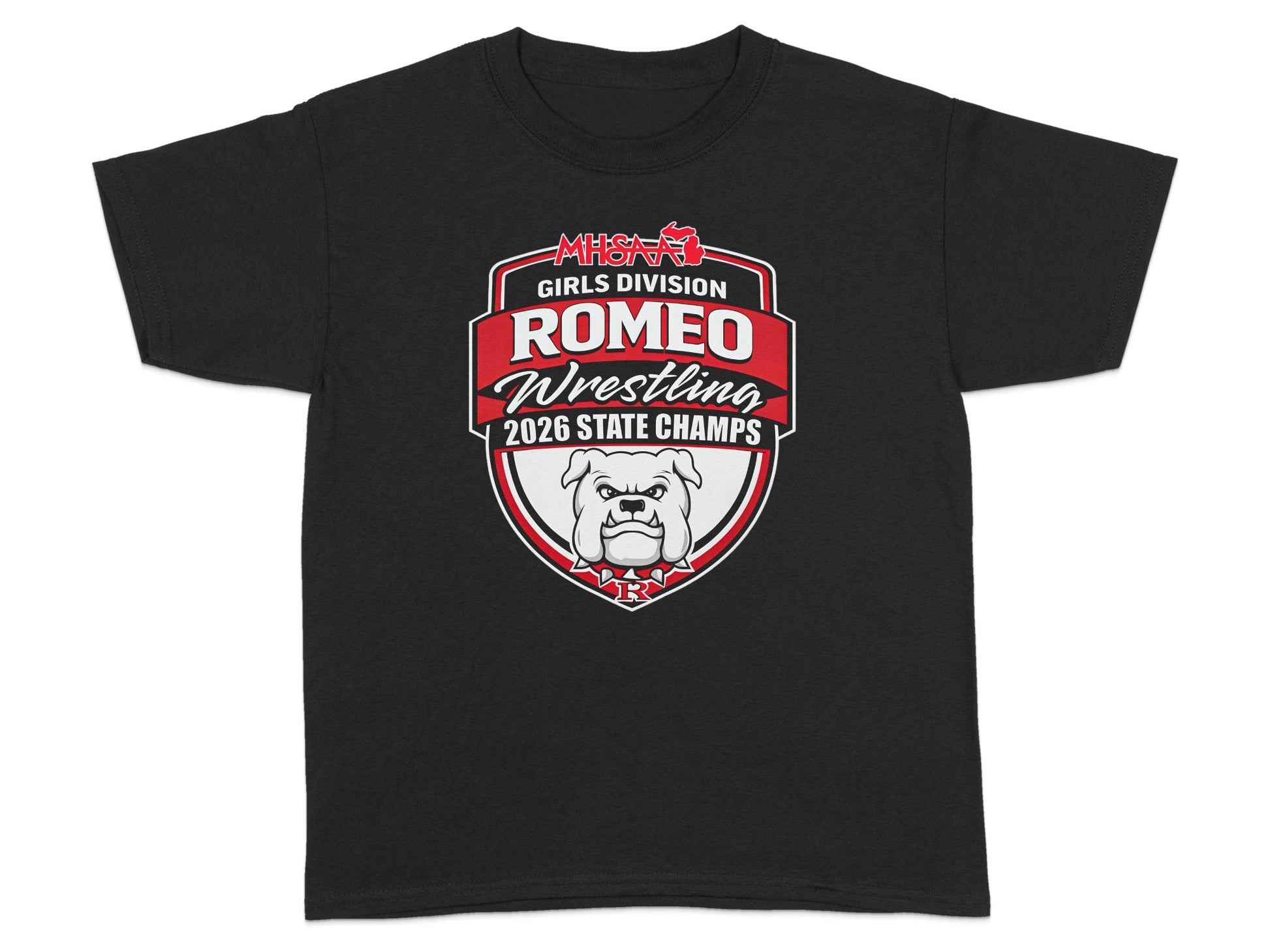 Black t-shirt with "Romeo Wrestling 2026 State Champs" logo featuring a bulldog.