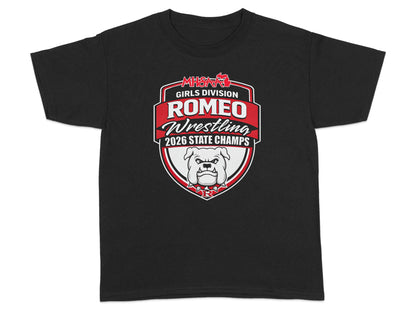 Black t-shirt with "Romeo Wrestling 2026 State Champs" logo featuring a bulldog.