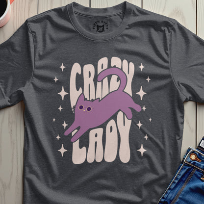Crazy Lady Graphic Tee with Purple Cat Design