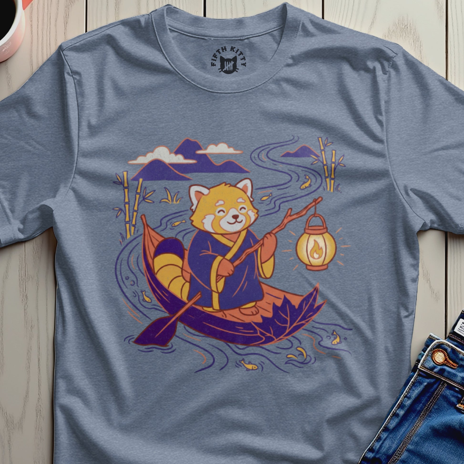 Red Panda Fishing River Scene Graphic T-Shirt