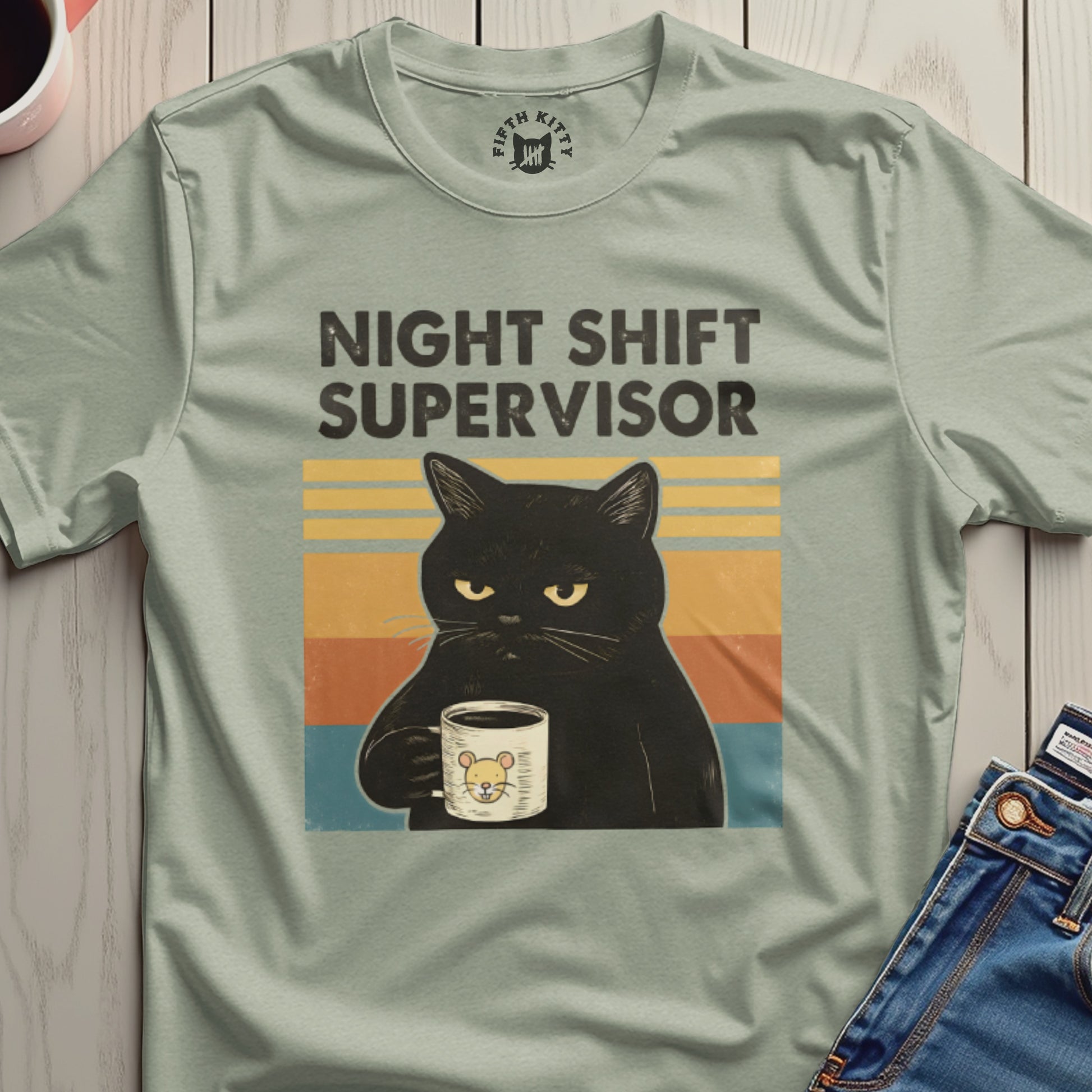 Night Shift Supervisor Cat Graphic T-shirt