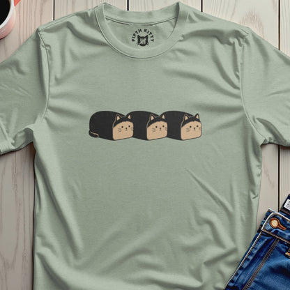 Light green t-shirt with "Fifth Kitty" logo and three loaf-shaped cats graphic.