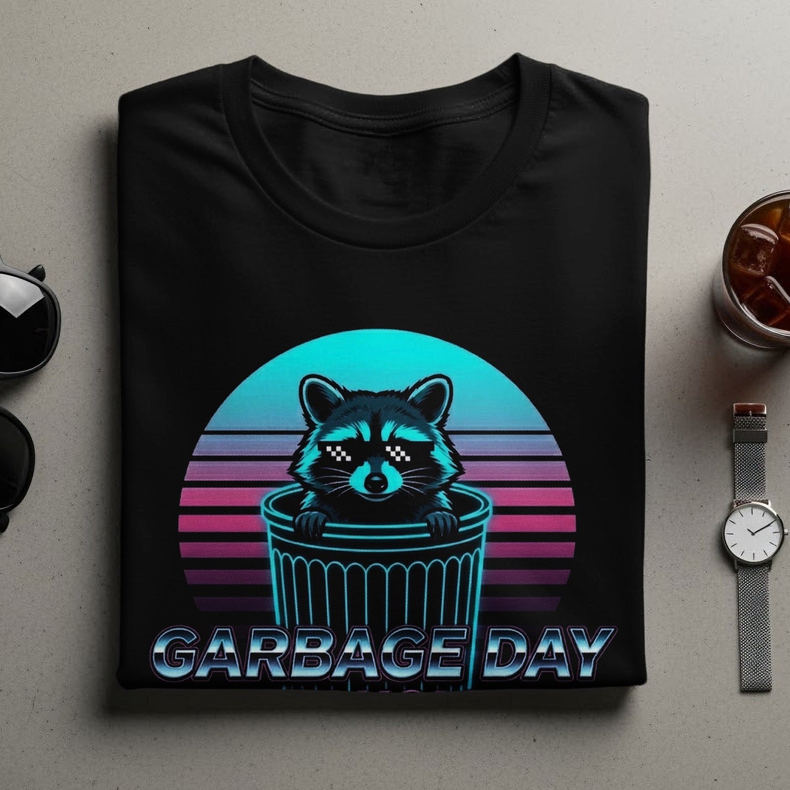 Retro Garbage Day Raccoon Graphic T-Shirt