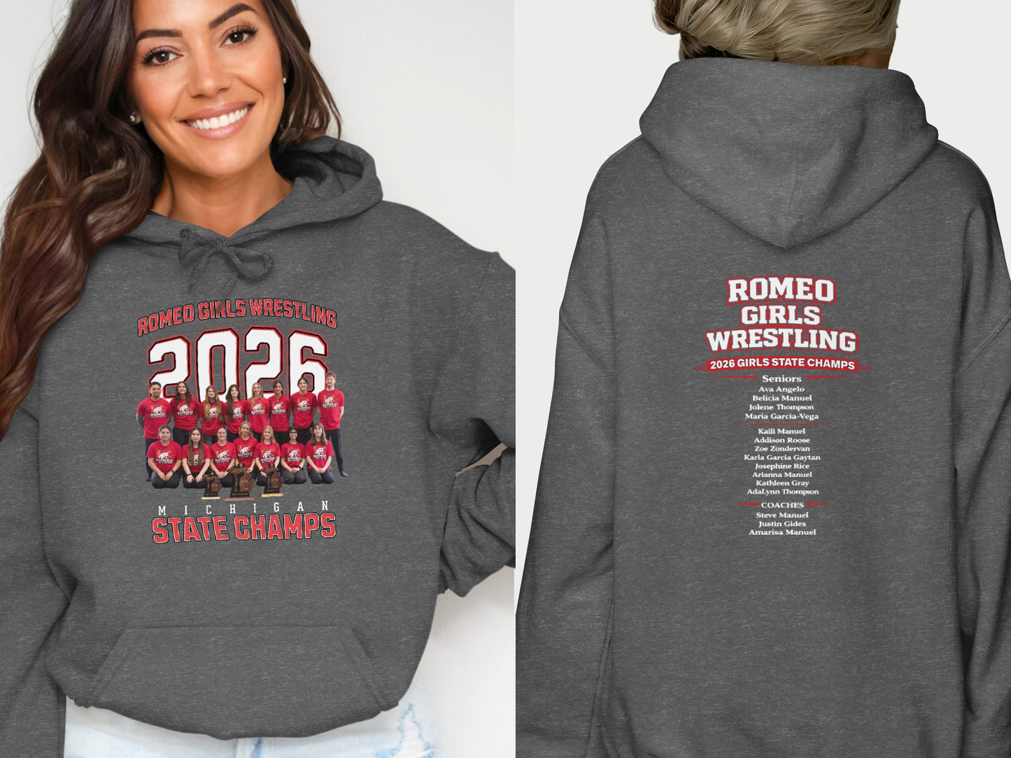 Dark grey hoodie featuring "Romeo Girls Wrestling 2026 Michigan State Champs" text and team photo.
