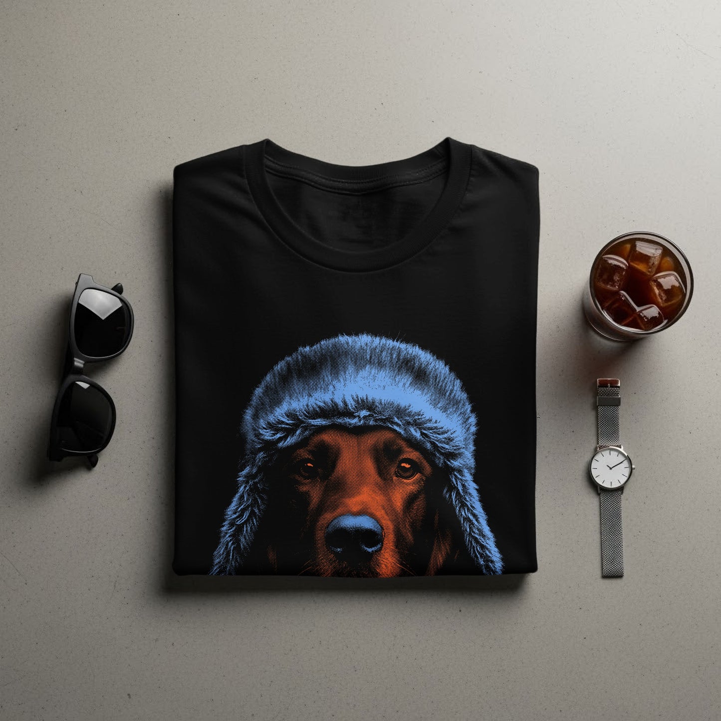 Black T-Shirt with Dog Wearing Winter Hat Product