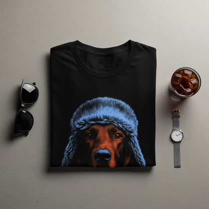 Black T-Shirt with Dog Wearing Winter Hat Product