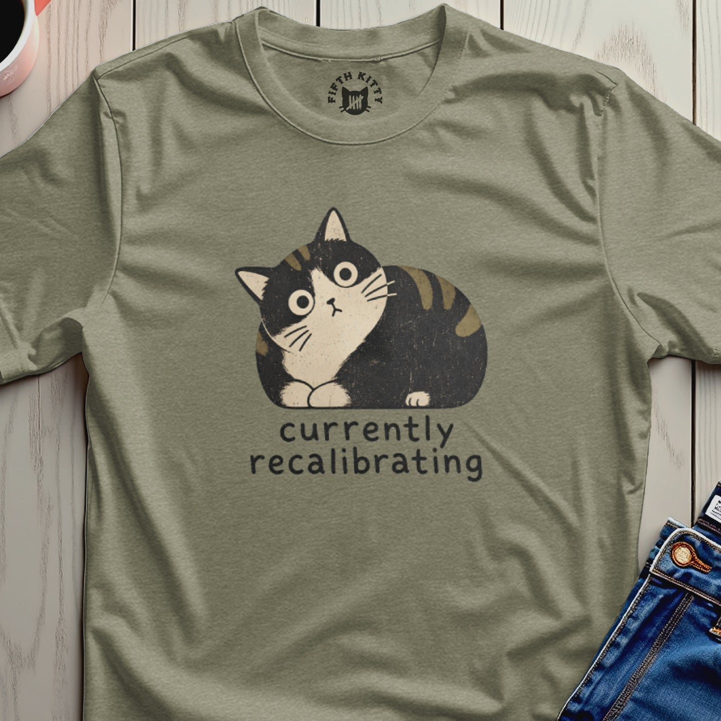T-shirt with a cartoon cat and the text "currently recalculating".