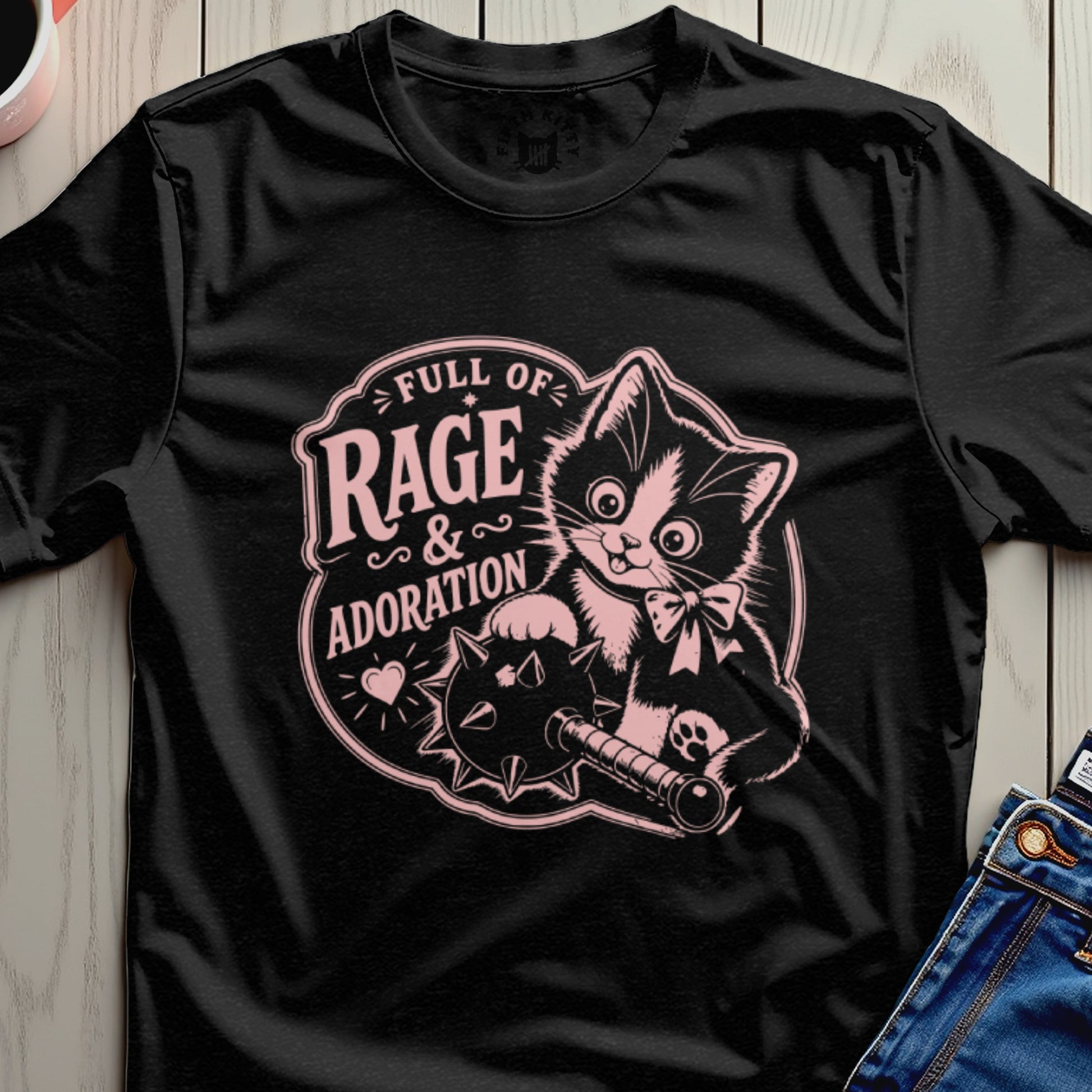 Black t-shirt with pink cat design, reading "Full of Rage & Adoration".