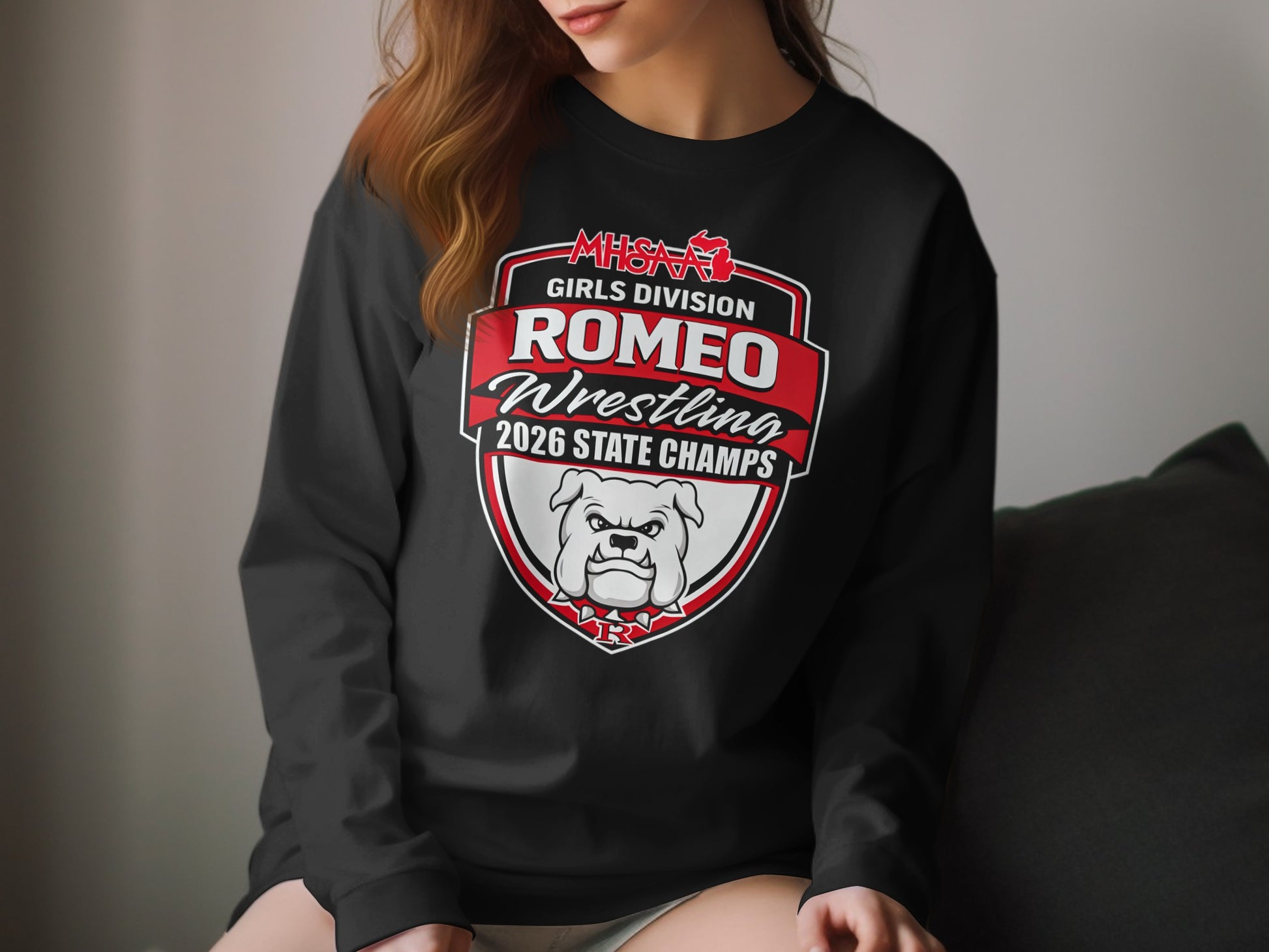 Black sweatshirt with "Romeo Wrestling 2026 State Champs" and bulldog logo.