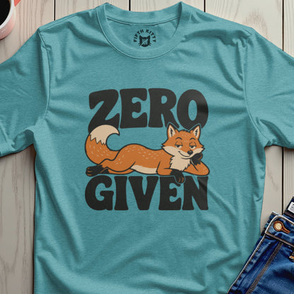 Teal t-shirt with a relaxed fox illustration and the text "ZERO GIVEN".