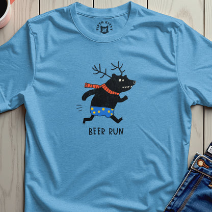 Blue t-shirt with a cartoon bear wearing antlers, a scarf, and polka dot shorts, with "BEER RUN" text.