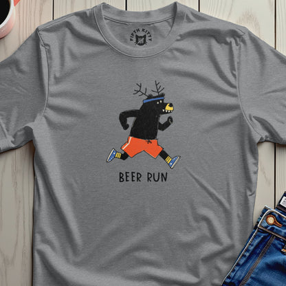 Grey t-shirt with a cartoon bear wearing antlers and running shorts, reading "BEER RUN".