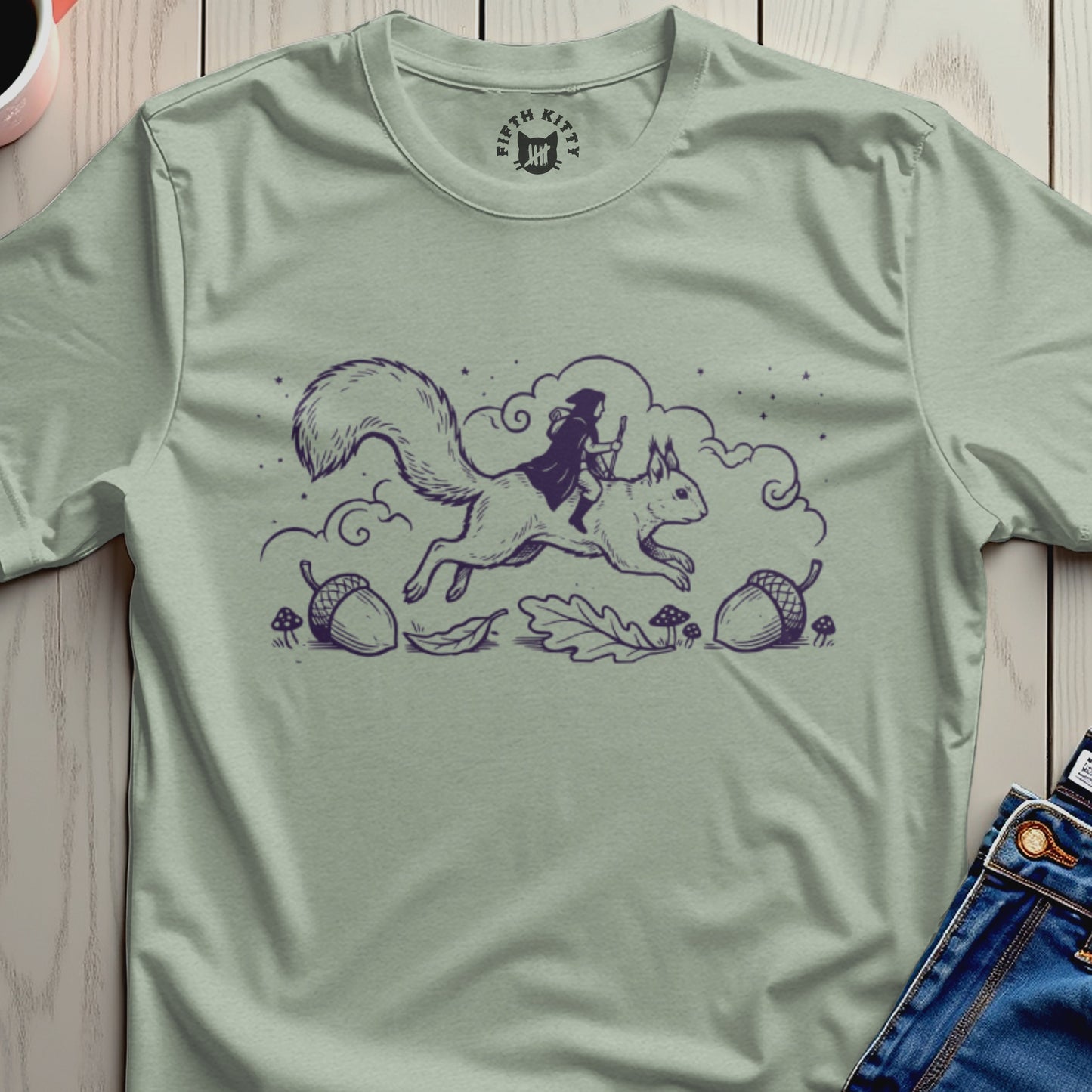 Wizard Riding a Squirrel with Acorns and Leaves Shirt