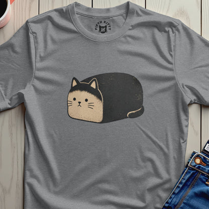 Grey t-shirt with black and tan loaf cat graphic and Fifth Kitty logo.