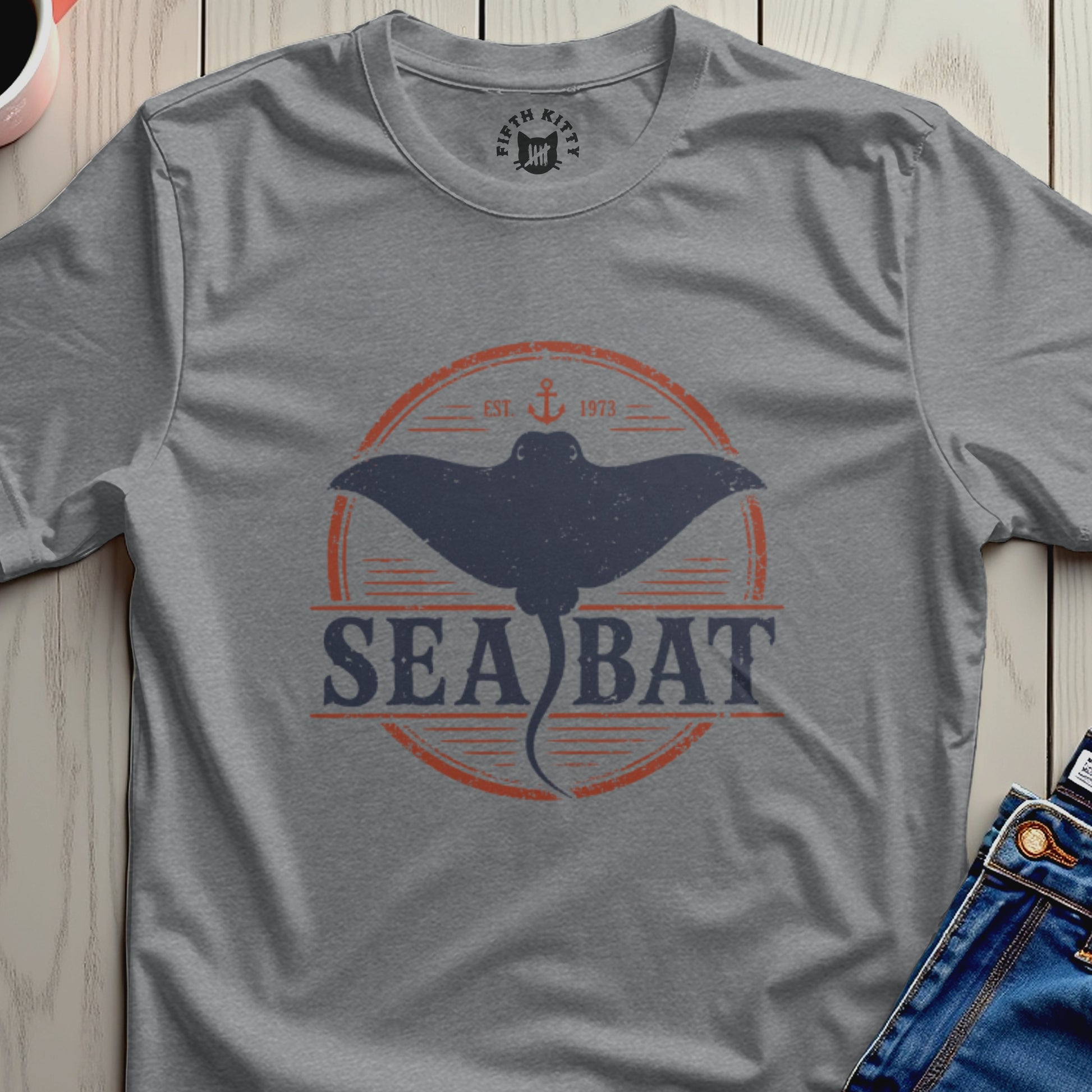 Gray t-shirt with distressed "Sea Bat" text and a stingray graphic.