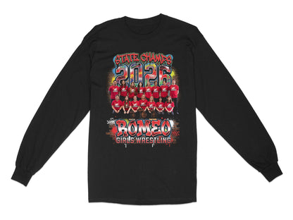 Team portrait of Romeo Girls Wrestling team, state champs 2026.