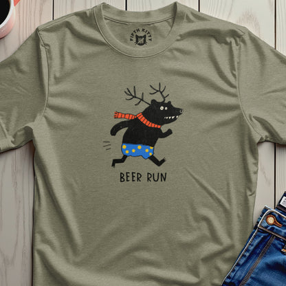 T-shirt with a running bear graphic wearing a scarf and polka dot shorts, text "BEER RUN".