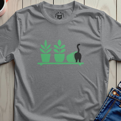 Grey t-shirt with green potted plants and a black cat's tail.
