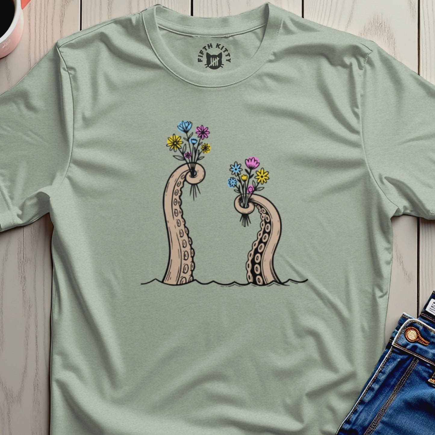 Two octopus tentacles emerge from water holding bouquets of colorful flowers.
