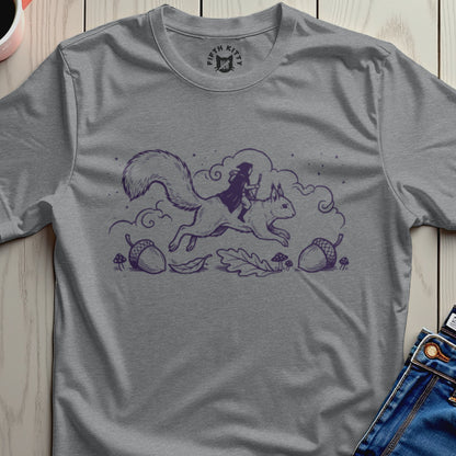 Witch Riding Squirrel Cute Fantasy Printed T-shirt