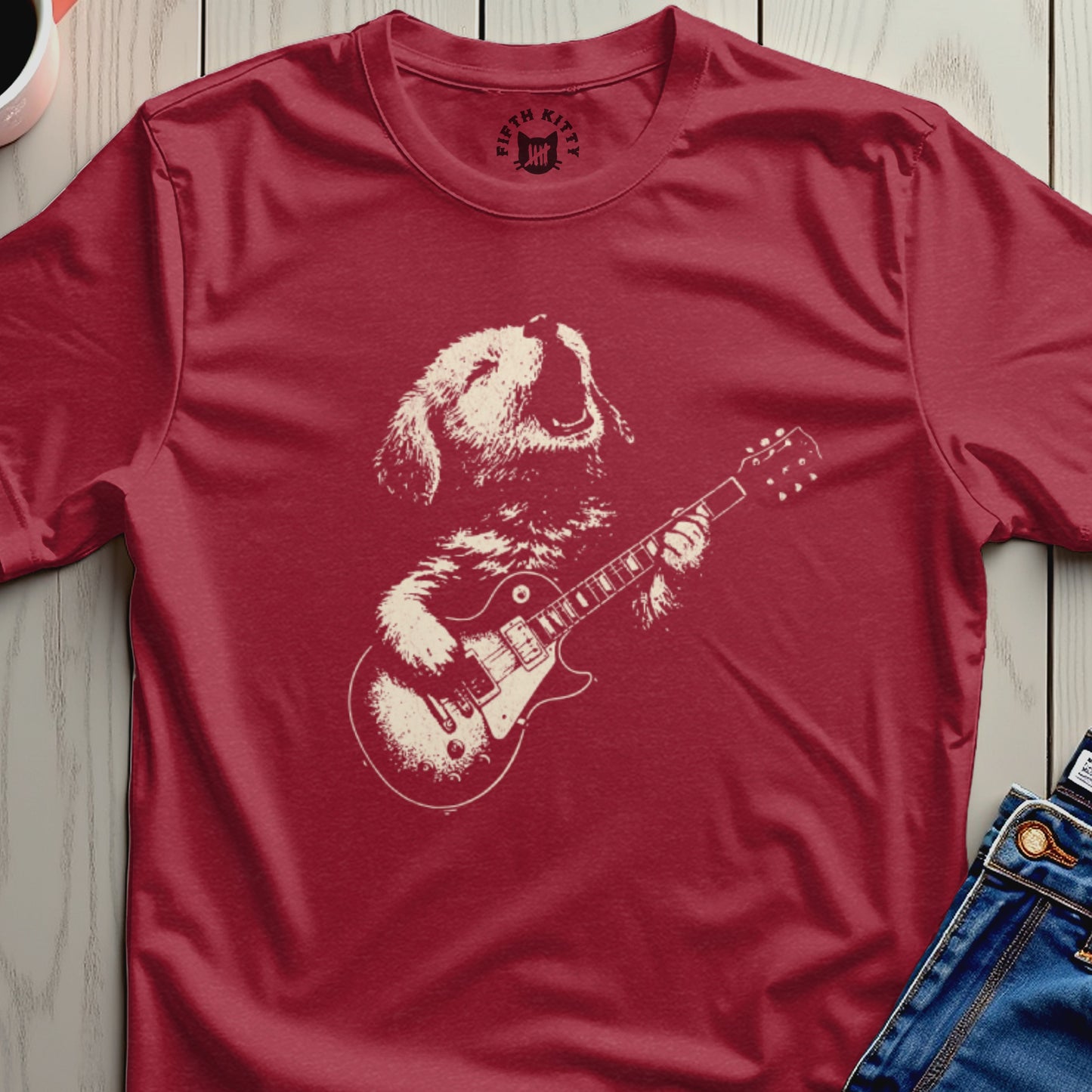 Fifth Kitty dog playing guitar musical instrument red t-shirt product type