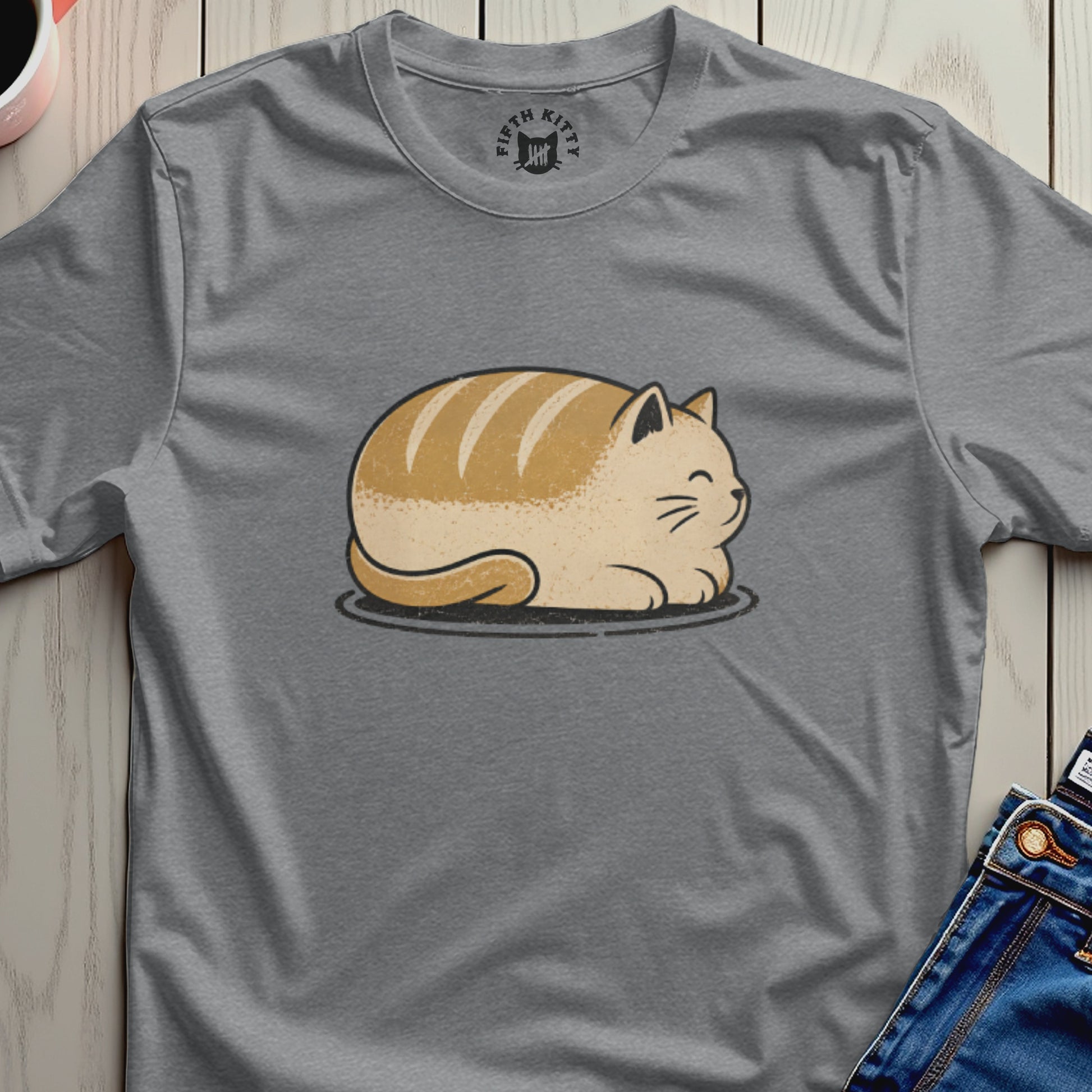 Grey t-shirt with a cartoon loaf cat graphic and "Fifth Kitty" logo.