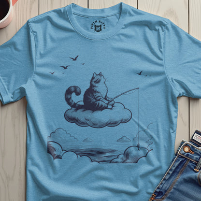 Cat Graphic with Fishing Rod and Clouds T-Shirt