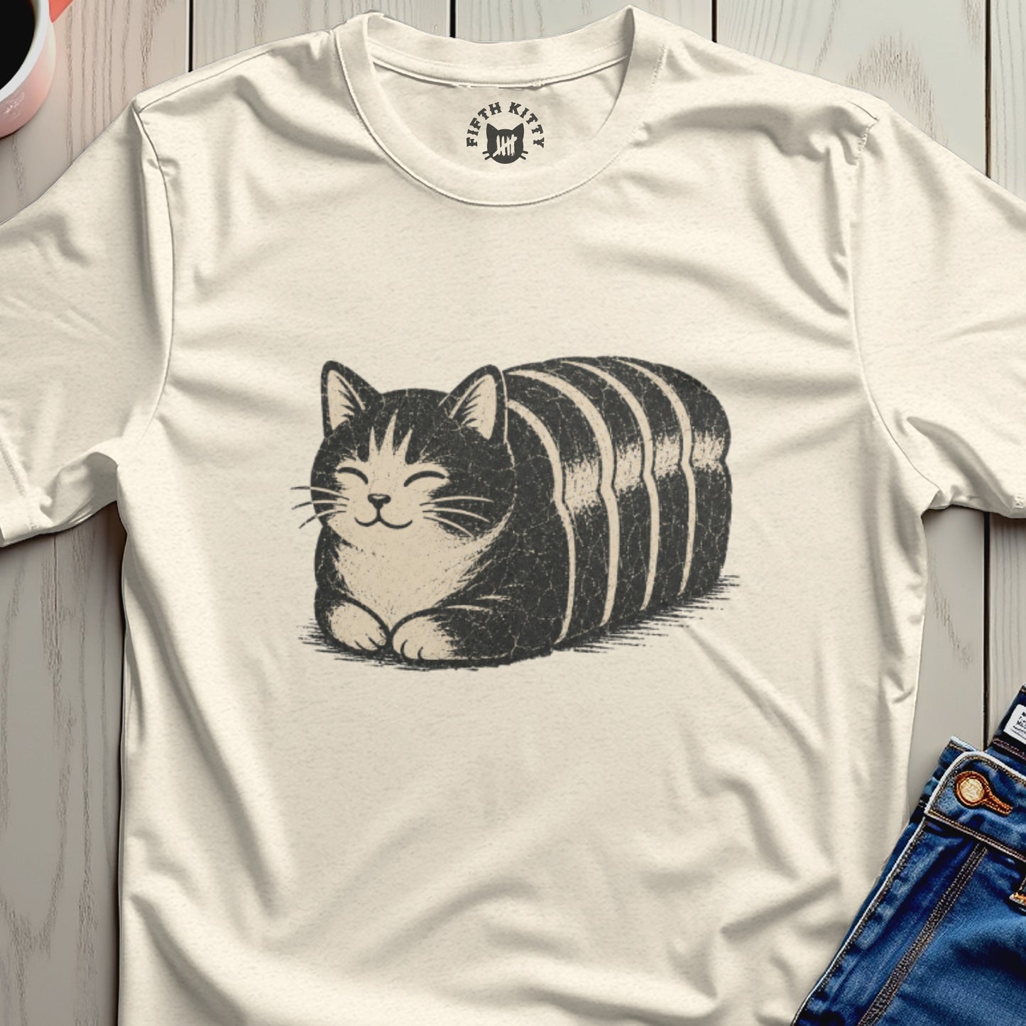 Cream t-shirt with a black and white striped cat loaf illustration and "Fifth Kitty" logo.