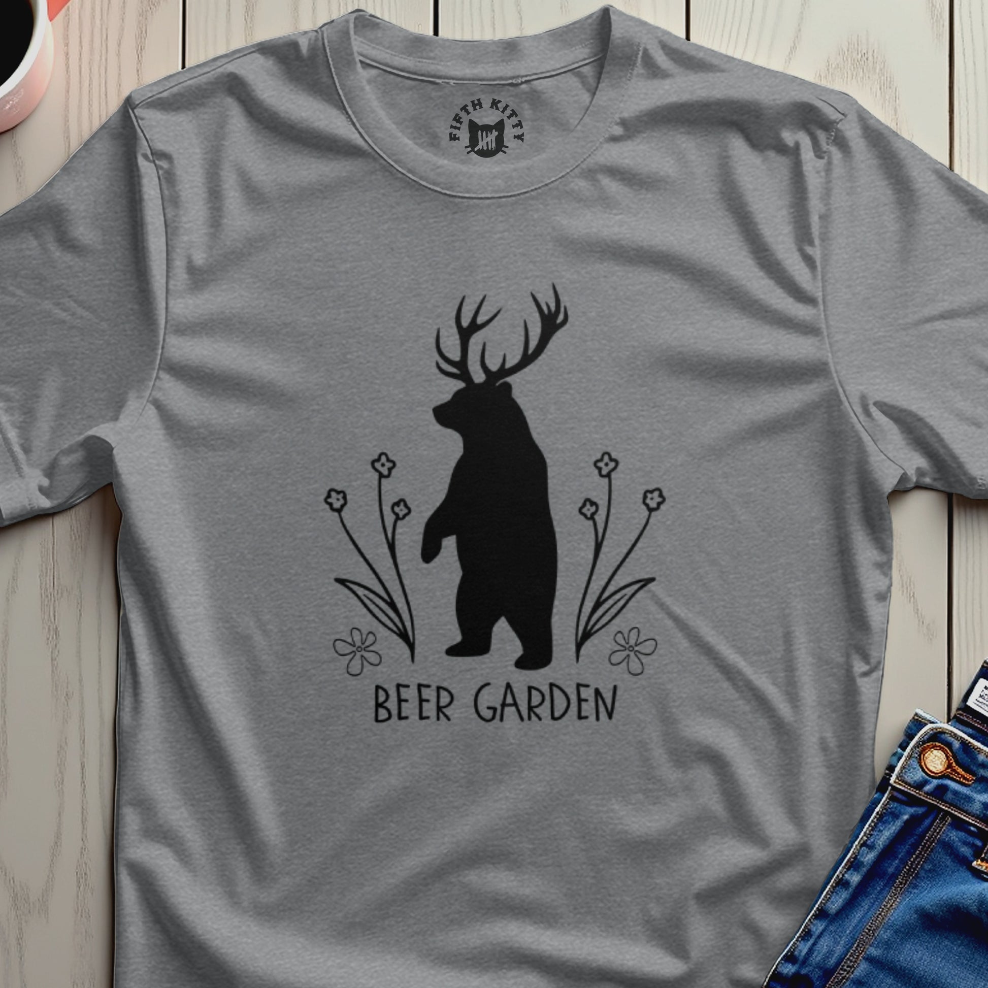 Black bear with antlers standing near flowers, text reads "BEER GARDEN".