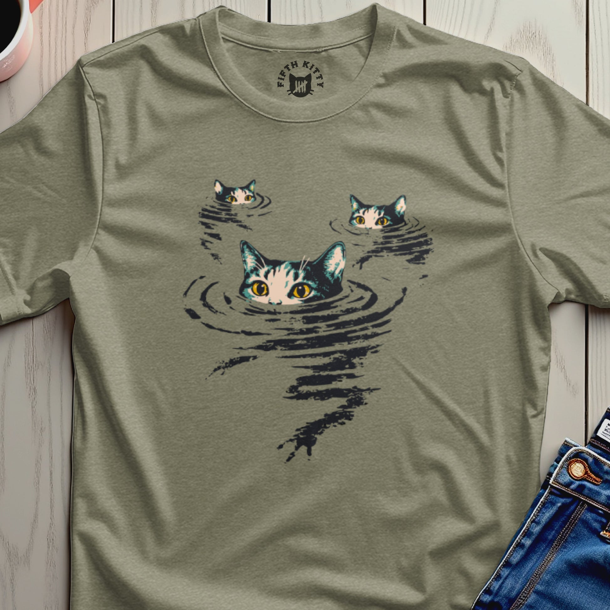 Three cat faces peeking out of dark water, with "Fifth Kitty" logo.
