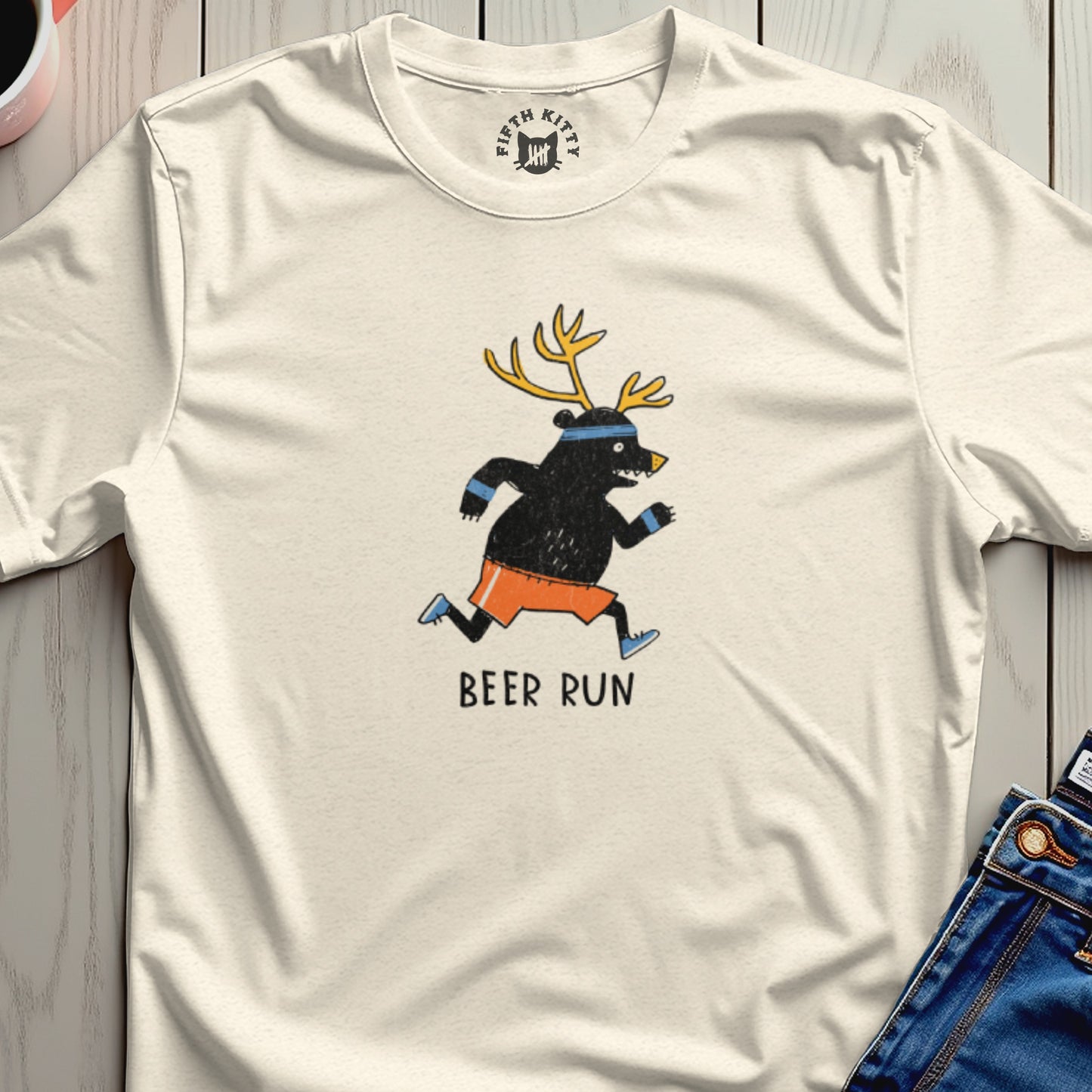 Cream t-shirt with a running bear wearing antlers and orange shorts, text reads "BEER RUN".
