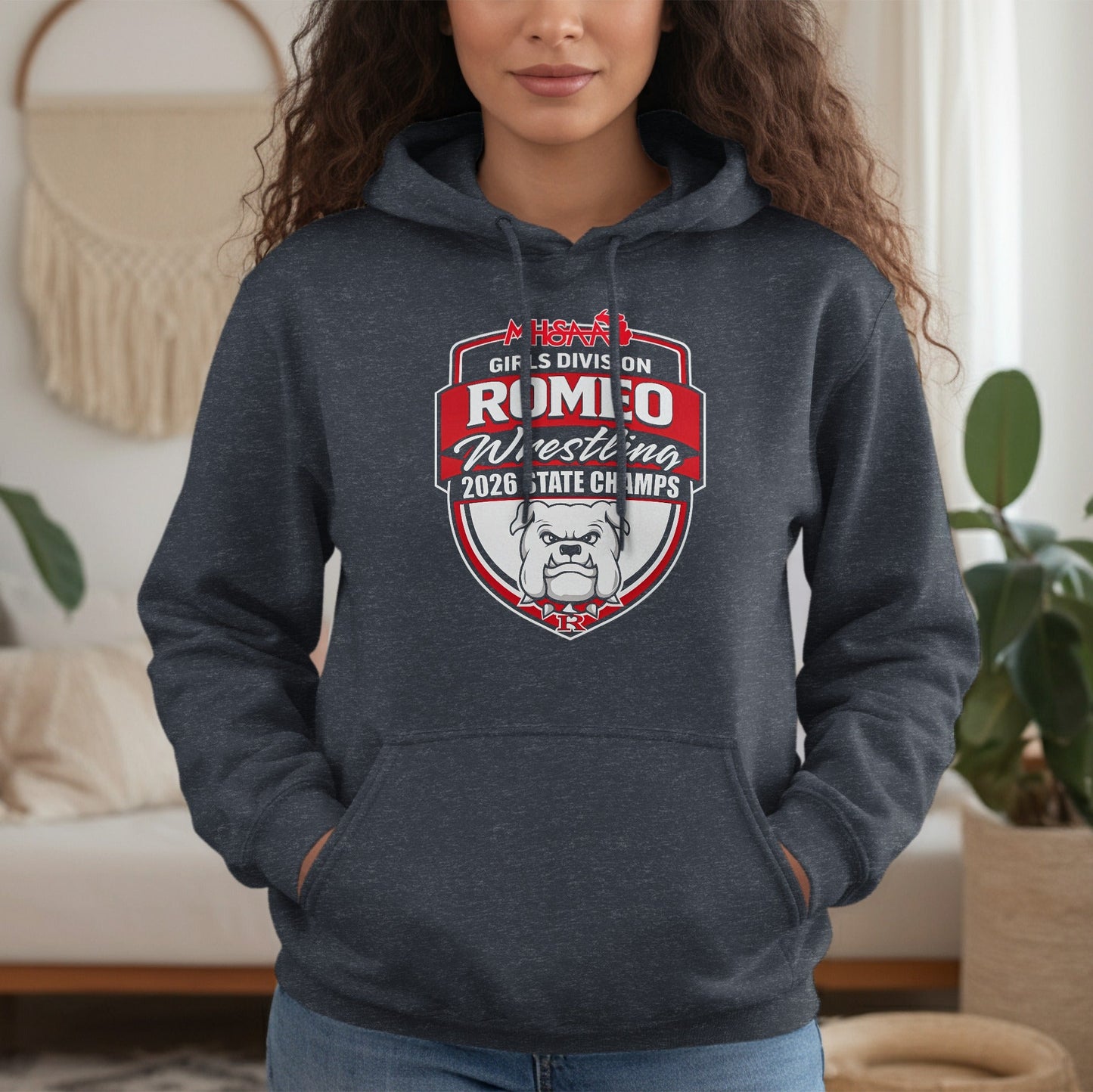 Dark gray hoodie with "Romeo Wrestling 2026 State Champs" and bulldog logo.