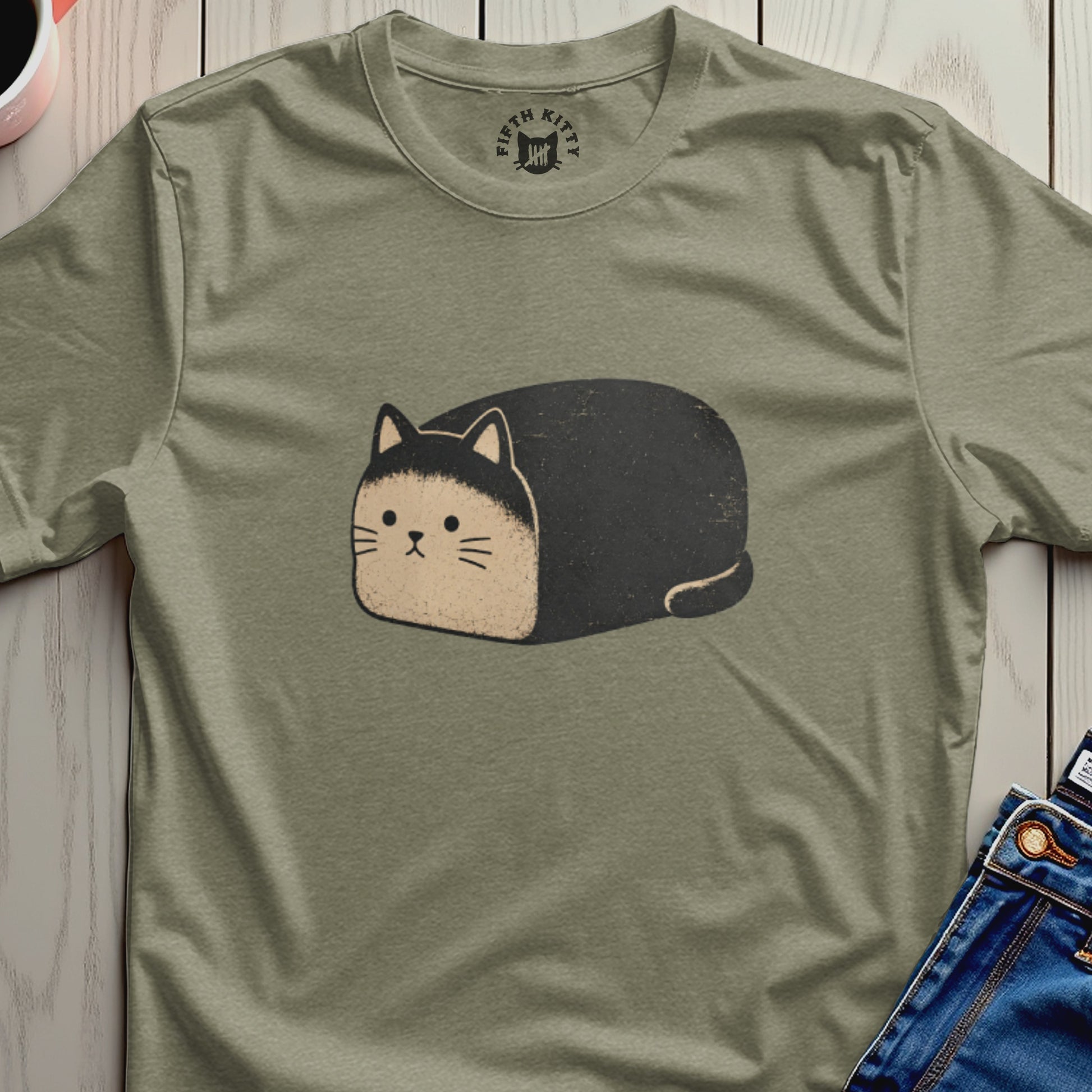 Olive green t-shirt with a black and tan loaf cat graphic and "Fifth Kitty" logo.