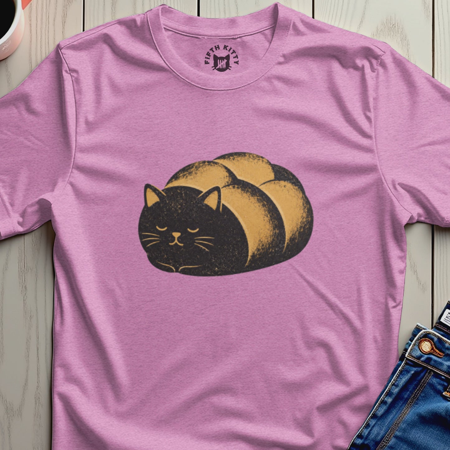 Pink t-shirt with a loaf-shaped black cat graphic and "Fifth Kitty" logo.