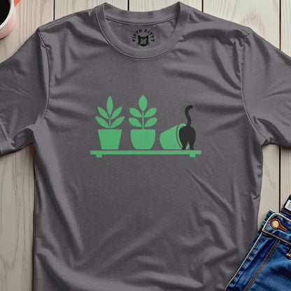 Dark gray t-shirt with a minimalist graphic of plants on a shelf and a cat's tail.