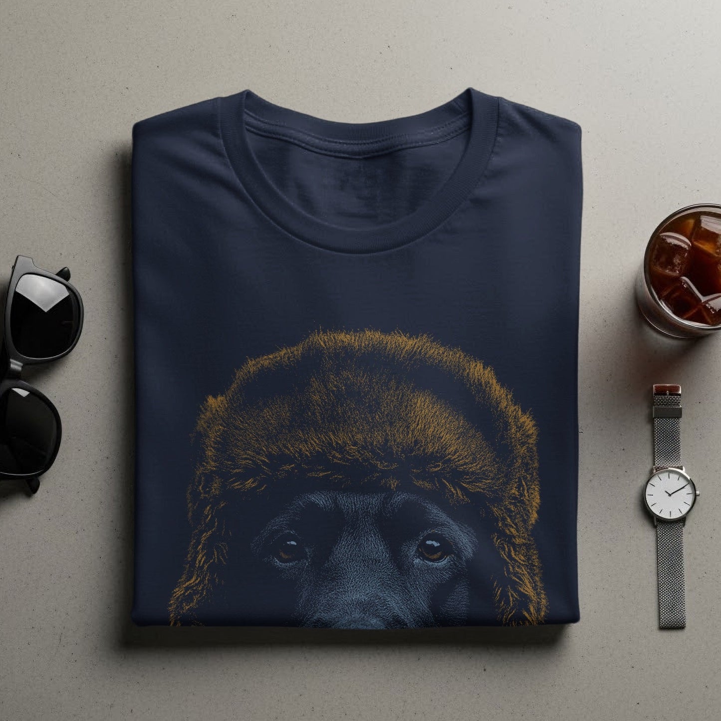 Stylish folded T-shirt with dog in a fur hat design