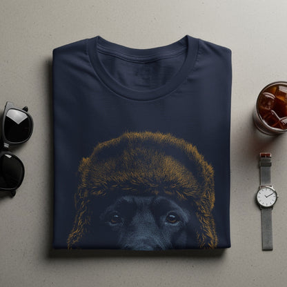 Stylish folded T-shirt with dog in a fur hat design