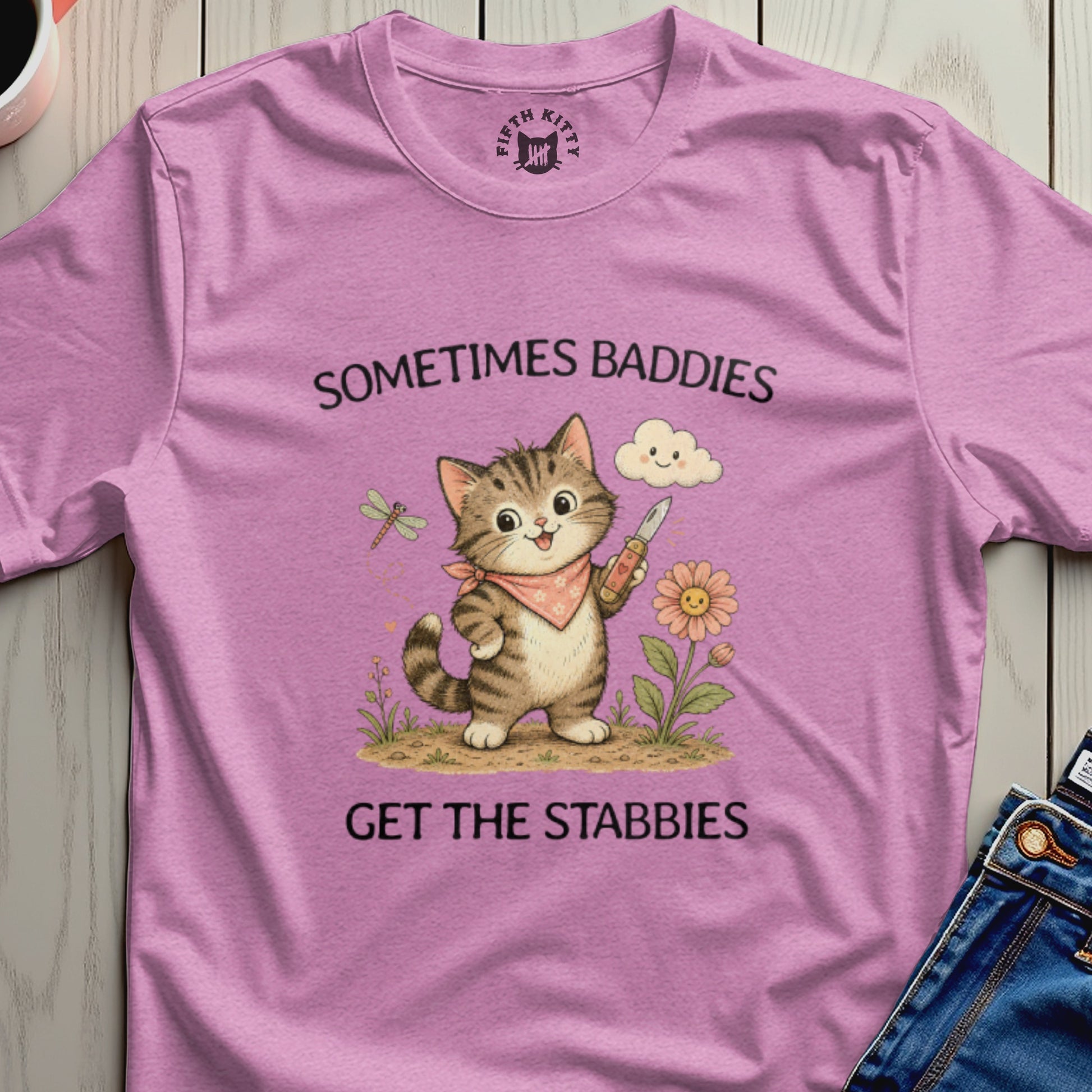 Cat wearing bandana and holding a knife, with text "SOMETIMES BADDIES GET THE STABDIES".