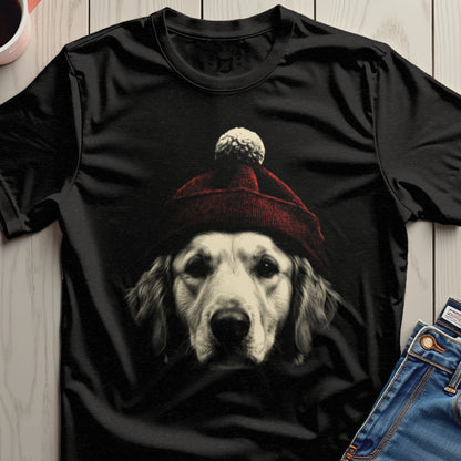 Golden Retriever Wearing Red Pom Beanie Shirt