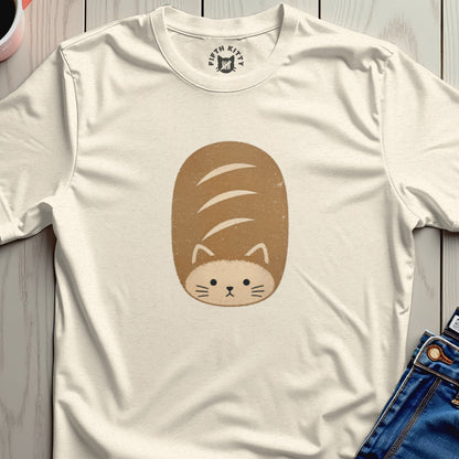 Cream t-shirt with a graphic of a loaf of bread shaped like a cat's face.