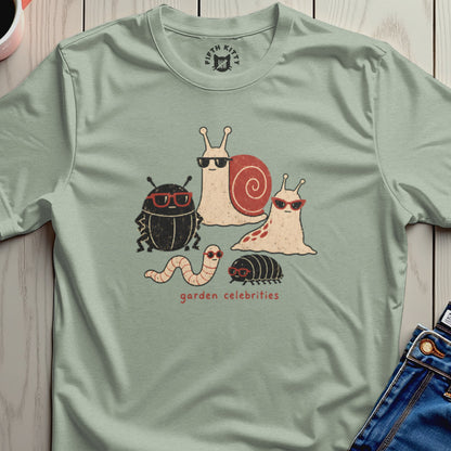 T-shirt with cartoon insects and snails wearing sunglasses, text "garden celebrities".