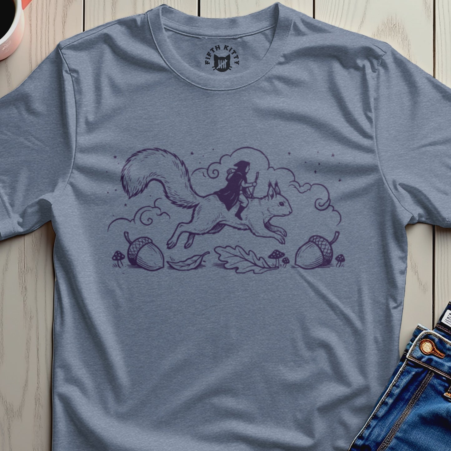 Witch Riding Squirrel Illustration T-shirt Product