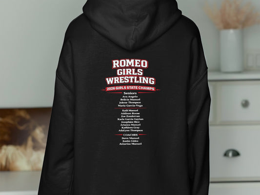 Romeo Girls Wrestling 2026 State Champs hoodie with senior and coach names.
