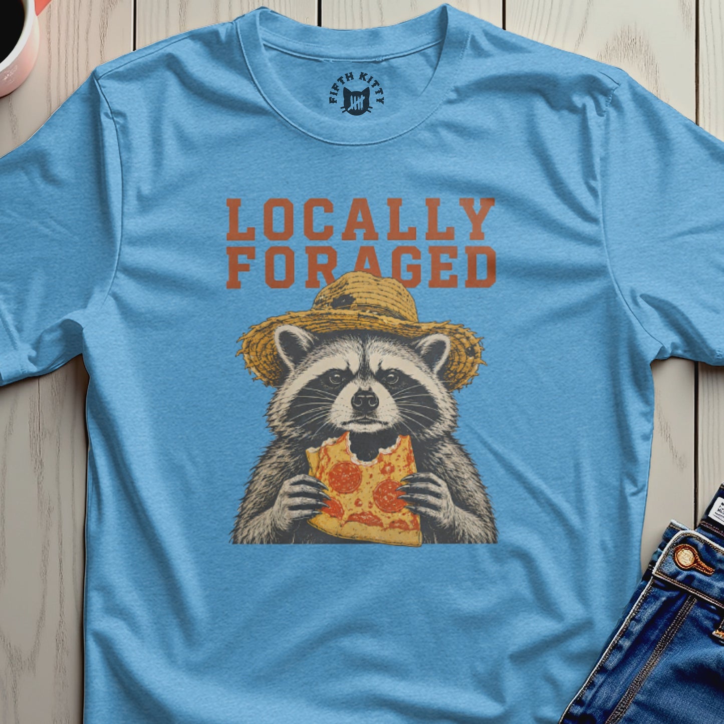 Raccoon wearing a straw hat eating pizza, "Locally Foraged" text.