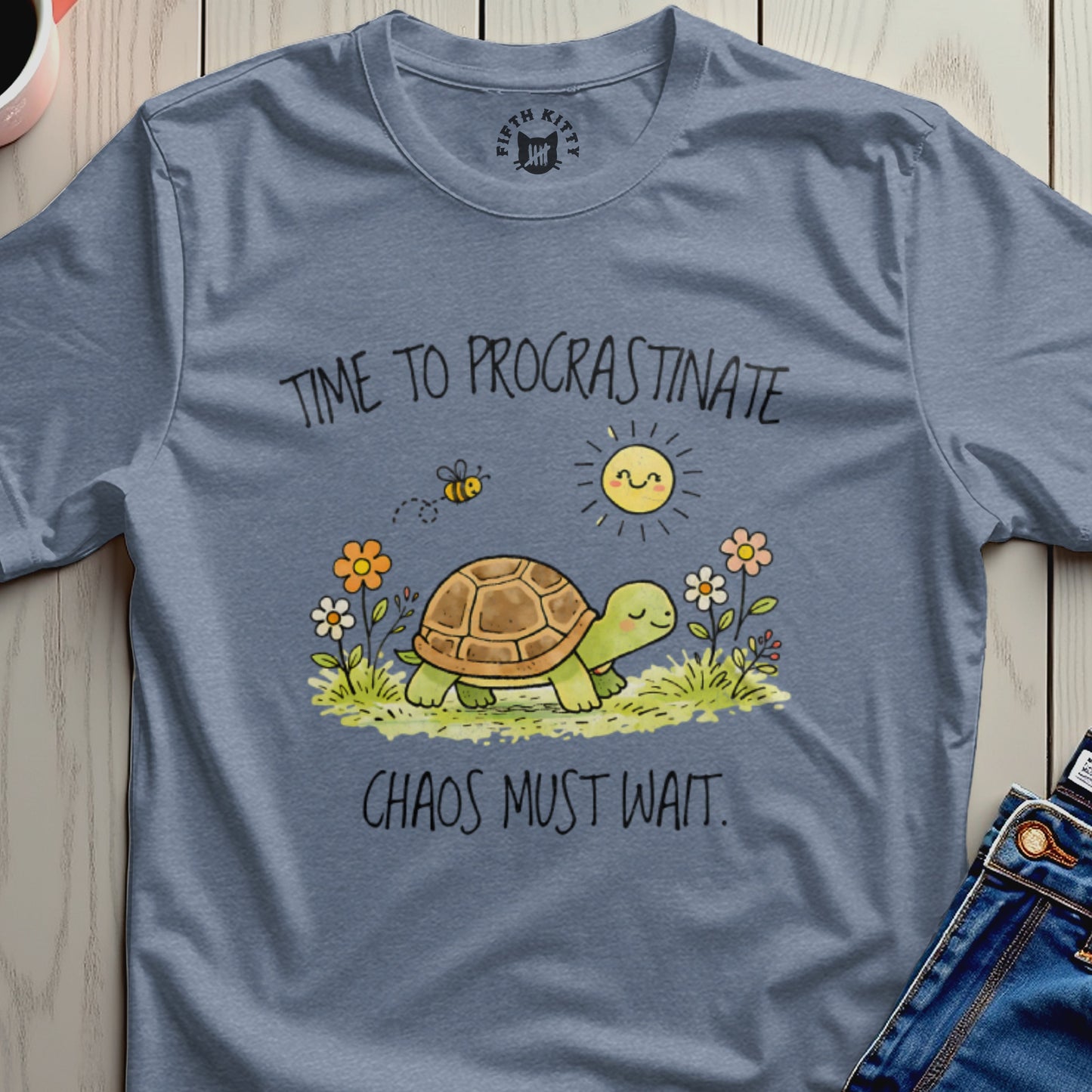 Turtle and bee under sun with text "Time to Procrastinate Chaos Must Wait".